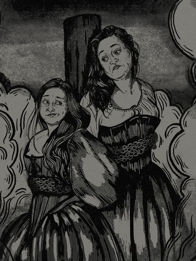 The Two Hosts of the Hystorians Podcast tied to a pyre surrounded by billowing smoke. Woodcut style.