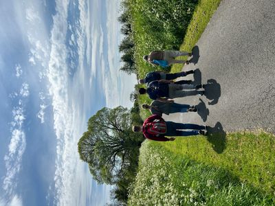 Five people walk along a sunlit country path surrounded by greenery.