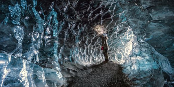 Interstellar Expedition to Vatnajökull glacier. Ice cave.