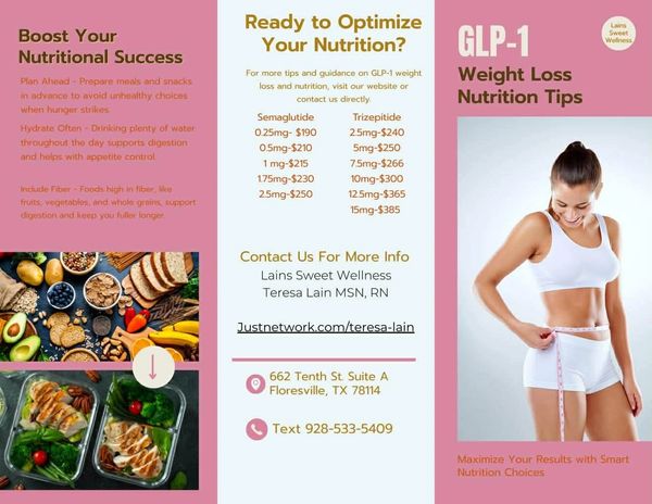 GLP-1 weight loss nutrition tips with meal prep and contact info.
