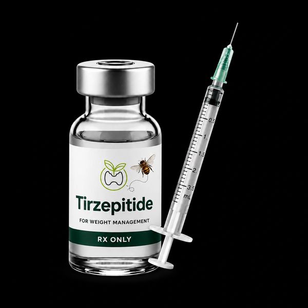 Tirzepatide vial and syringe for weight management with a bee and apple logo.