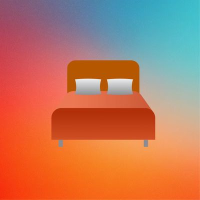 Minimalist illustration of a bed with pillows on a colorful gradient background.