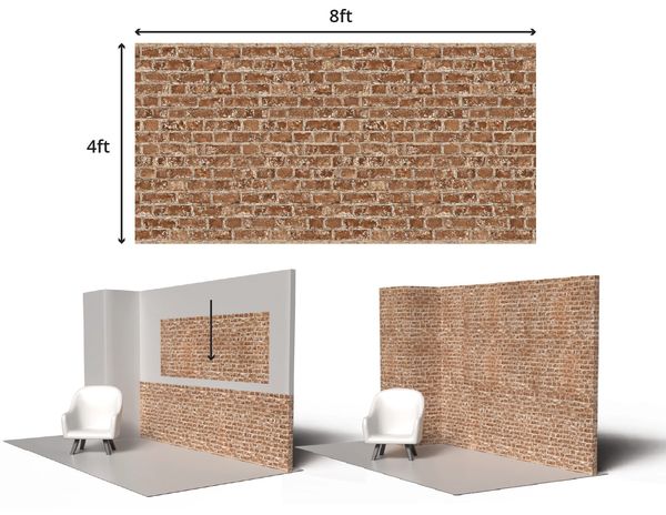 8x4 foot brick-patterned panel shown in different room setups.