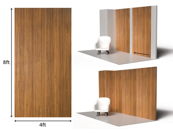 Wooden wall panel measuring 8ft by 4ft shown in different room setups.