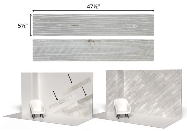 Gray wood planks for wall paneling with installation example.