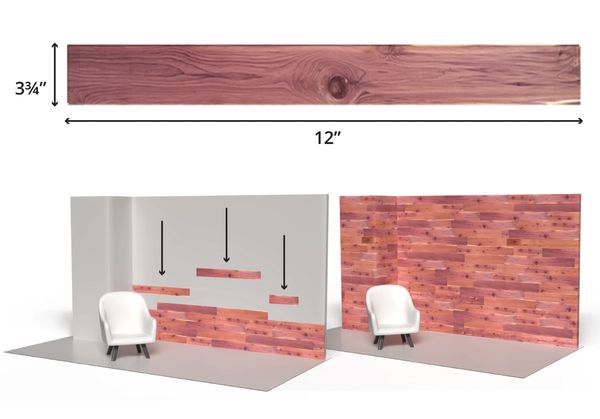 Wood planks of 3.75x12 inches used for wall paneling behind a white chair.
