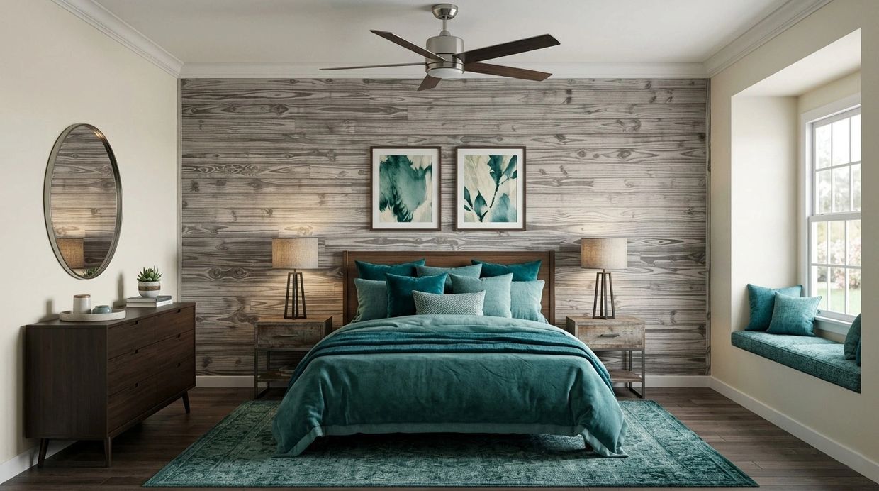 Modern bedroom with teal bedding and rustic wood accent wall.
