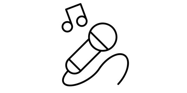 Black and white microphone icon with music notes.