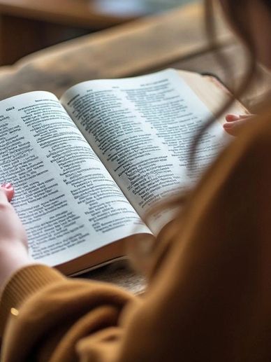 Person reading an open book in a warm, cozy setting.