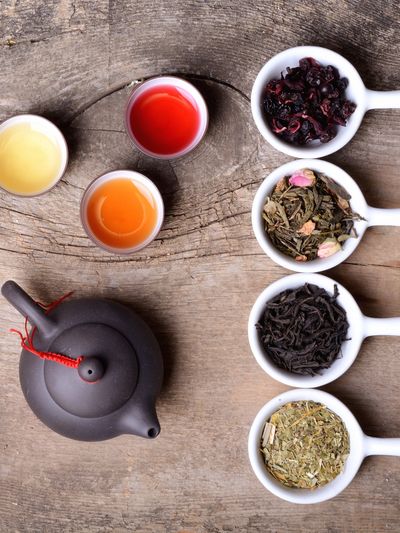 spoons of loose tea with cups of brewed tea on table near black teapot during blend development