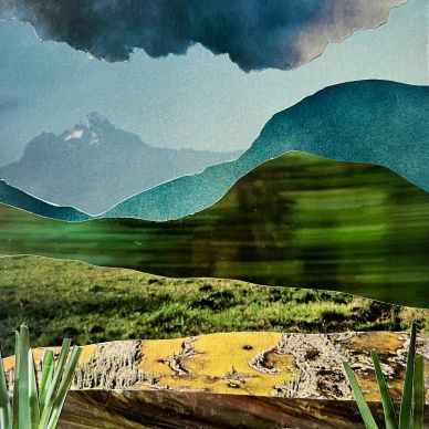 Abstract landscape with layered textures and colors.