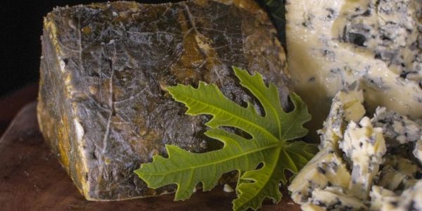 Close-up of blue cheese with a fig leaf on a wooden board.