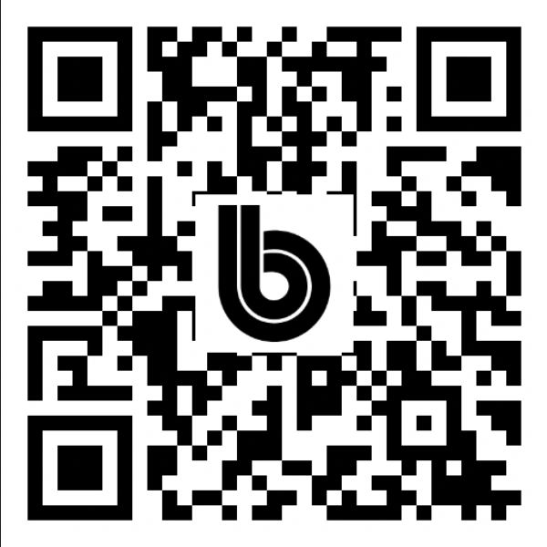 Black and white QR code with a bold 'b' logo in the center.