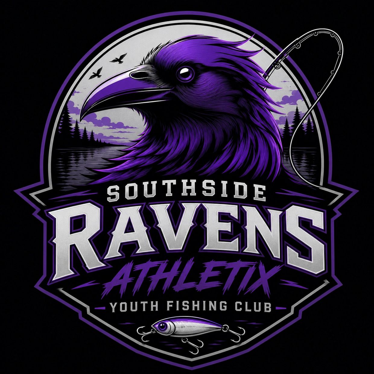 Bold logo of Southside Ravens Athletix Youth Fishing Club with a purple raven and fishing theme.