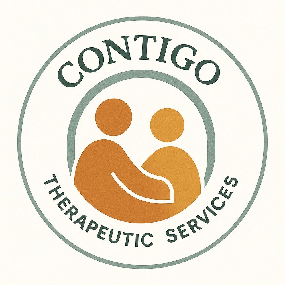 Logo for Contigo Therapeutic Services showing two abstract figures embracing.