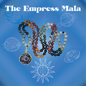 Picture of Empress Male beaded necklace with large wrapped stone on blue background with space icons