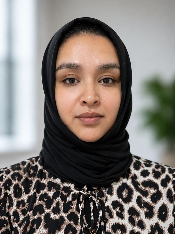 Portrait of a woman wearing a black hijab and leopard print top.