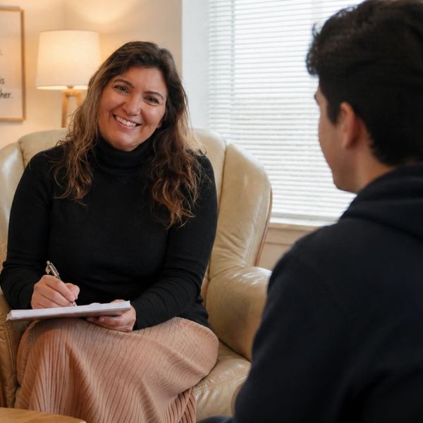 A woman smiling warmly while taking notes during a conversation.