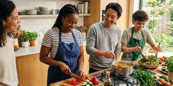 Four friends cooking together in a bright kitchen, smiling and enjoying the activity.