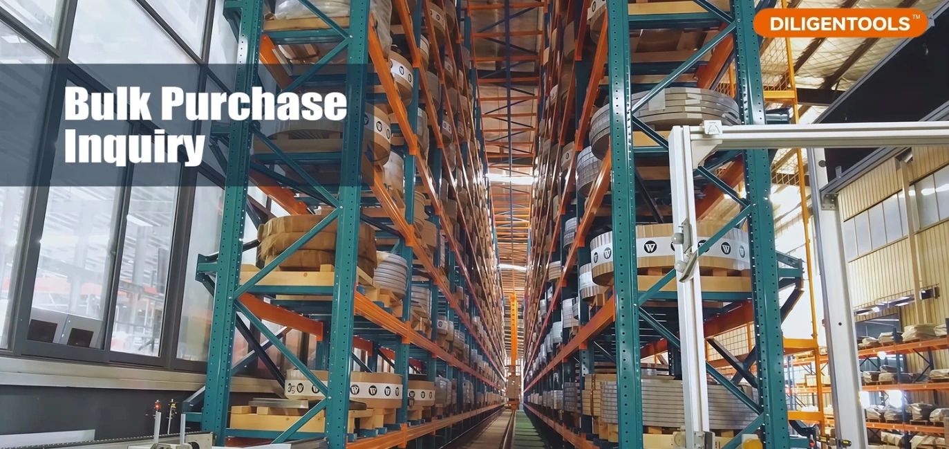 Warehouse aisle with bulk purchase inquiry text and Diligentools logo.