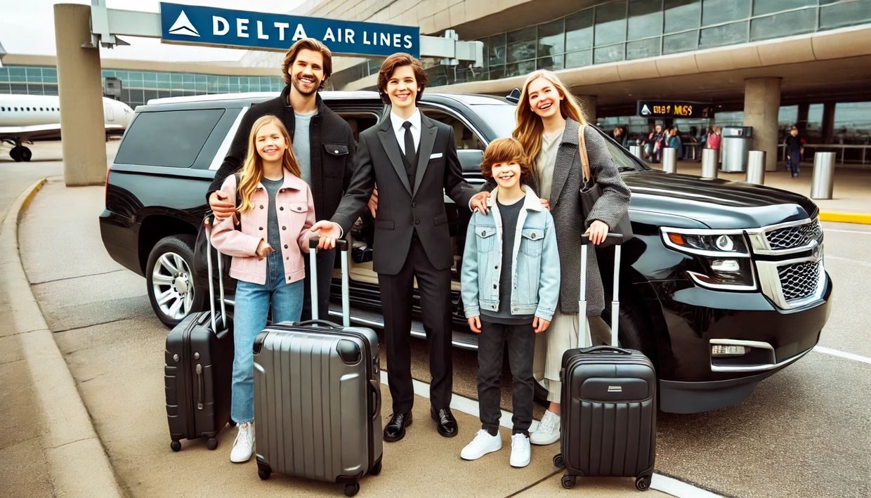 A family of four with suited chauffeur outside his SUV, with luggage,being dropped at MSP airport