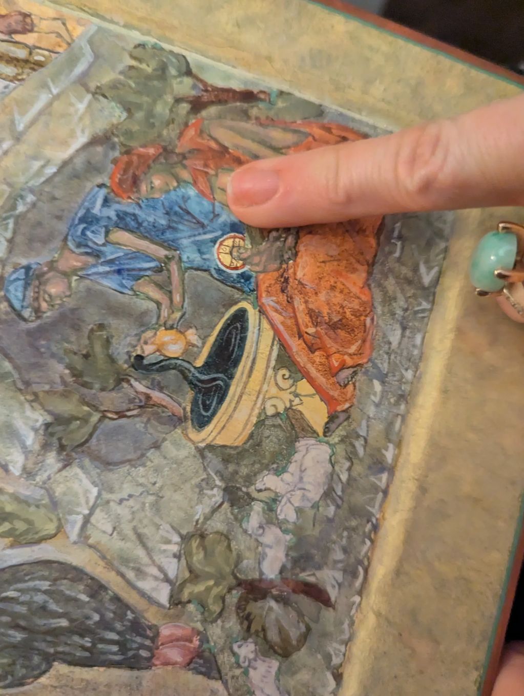 Icon Nativity Detail: Size comparison. Midwives bathing babe. 