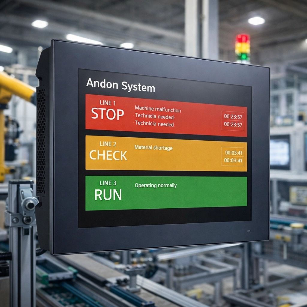 Sistema Andon en piso de planta con Panel PC industrial