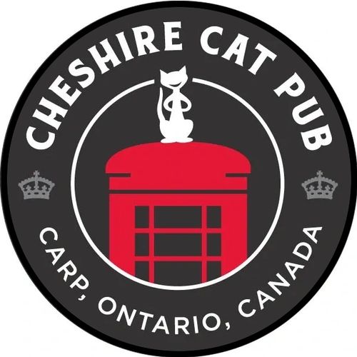 Logo of Cheshire Cat Pub featuring a red phone booth and a white cat in Carp, Ontario.