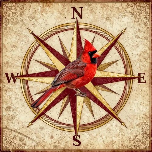 A cardinal bird on a vintage compass rose.