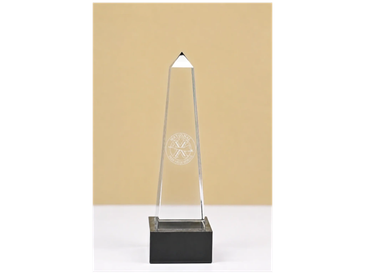 Clear obelisk-shaped trophy with black base.