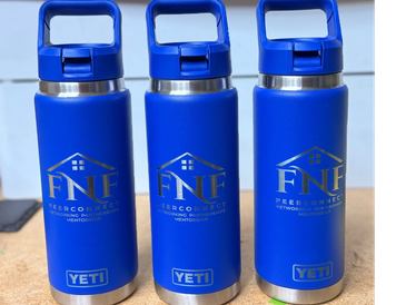 Three blue YETI water bottles with FNF logo.
