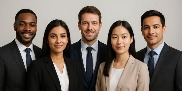 A diverse group of five professionals in business attire smiling at the camera.