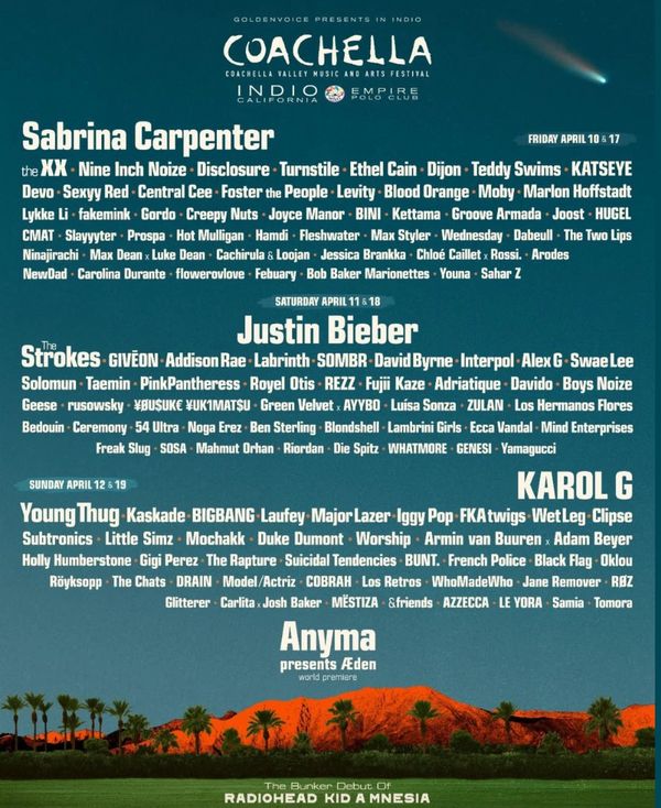 Coachella 2024 lineup poster featuring Sabrina Carpenter, Justin Bieber, and KAROL G.
