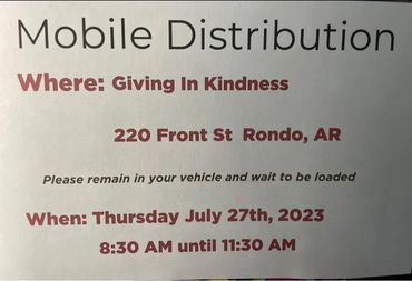 Flyer announcing mobile distribution event in Rondo, AR on July 27, 2023.
