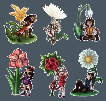 6 chibi designs of characters with 6 flowers
