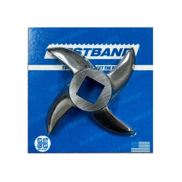 A metal four-blade meat grinder blade on blue packaging.