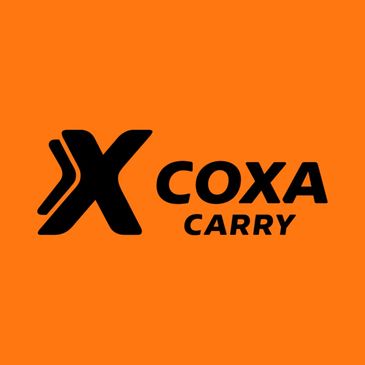 Bold black COXA CARRY logo on vibrant orange background.