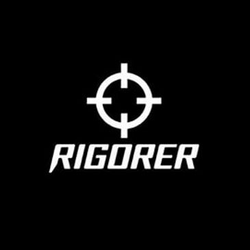 White crosshair icon above the word 'RIGORER' on a black background.