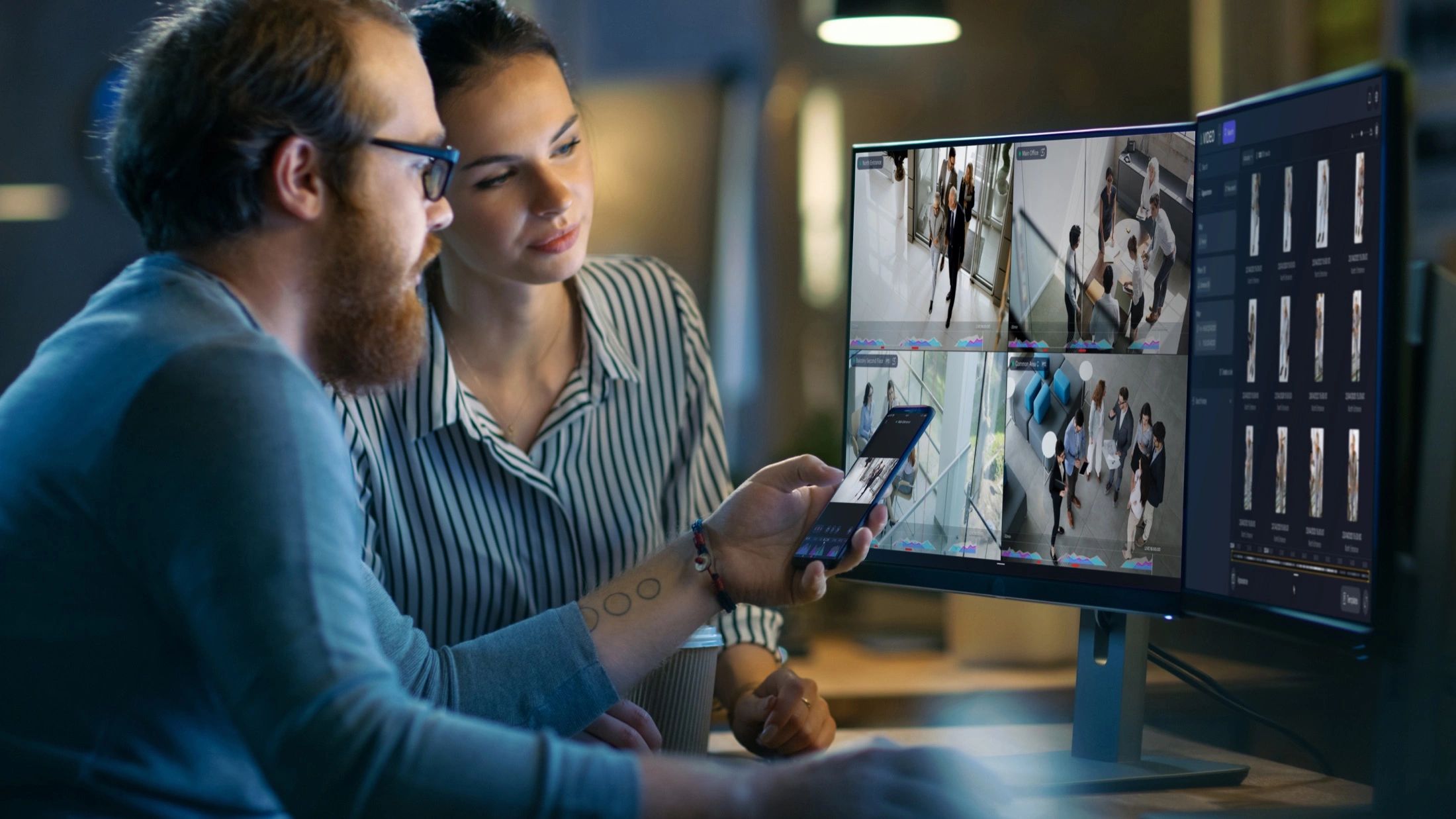 Security camera views displayed on desktop monitors and a mobile phone