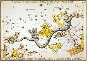 Hydra and surrounding constellations, from Urania's Mirror (1825).