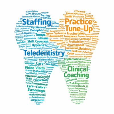 Word cloud shaped like a tooth with dental care and practice improvement terms.