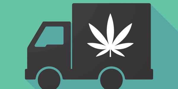 Illustration of a delivery truck with a cannabis leaf symbol on its side.