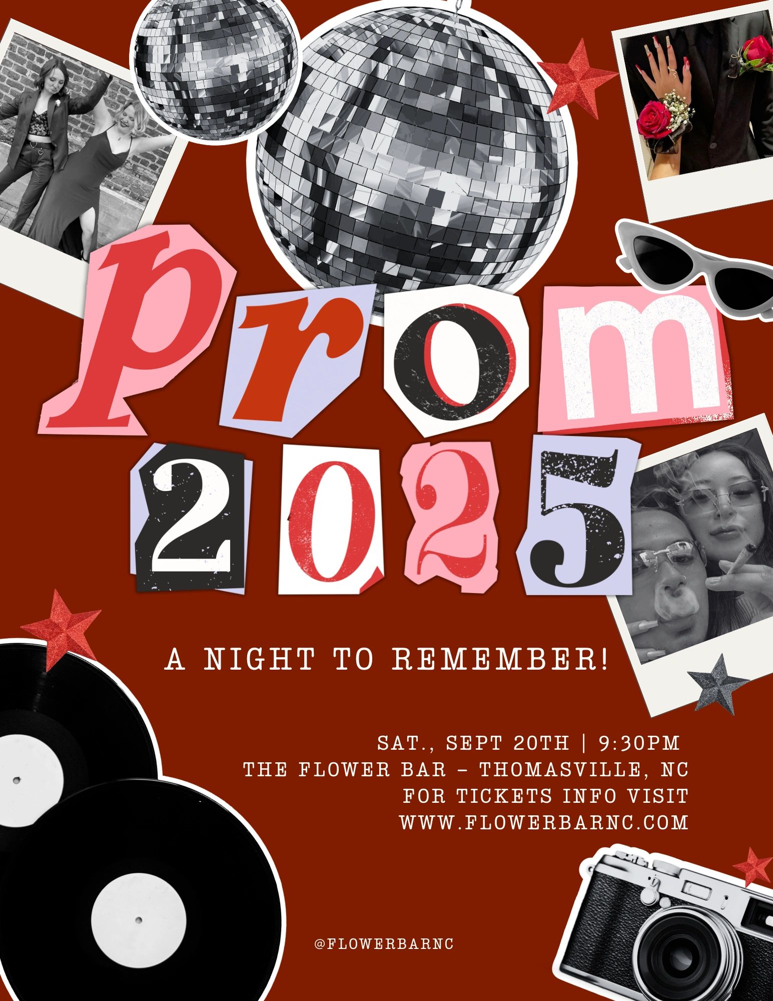 Prom 2025 event poster with disco balls, photos, and event details on a red background.