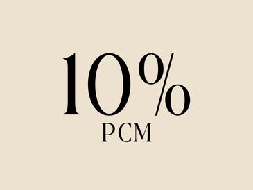 Text showing '10% PCM' on a beige background.