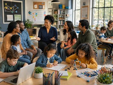 A diverse group of adults and children engaged in a collaborative classroom activity.