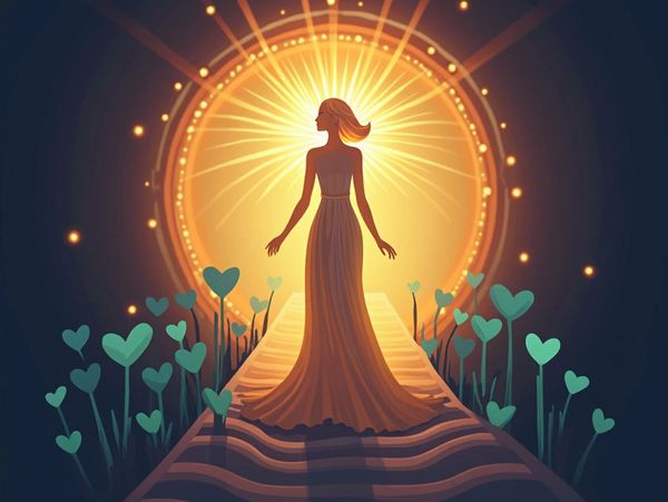 Woman in a flowing dress walks toward a glowing sun surrounded by heart-shaped plants.