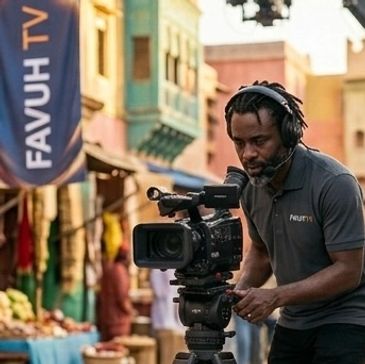 Man filming with video camera on tripod outdoors.