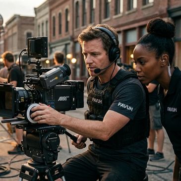Two people operating a professional film camera outdoors.