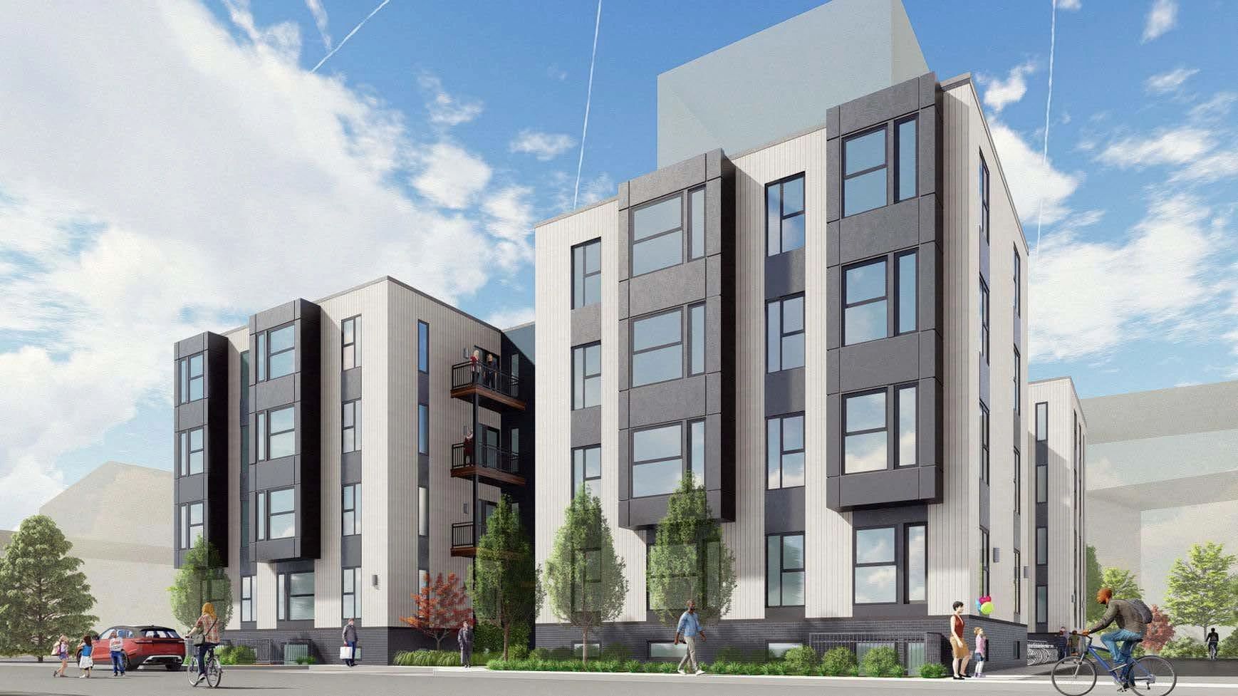 The front elevation of 21st Allen Street showcases a modern, energy-efficient luxury condo building 