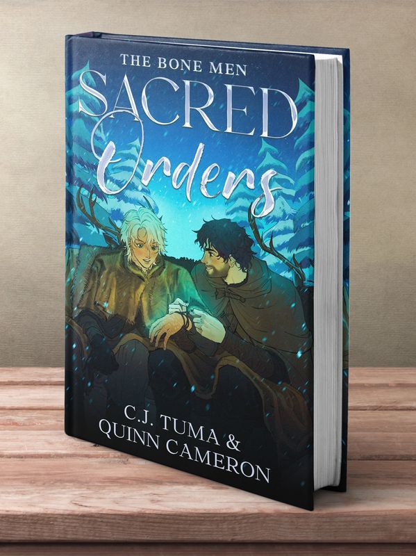 Fantasy novel 'Sacred Orders' with two men in cloaks sharing a glowing object in a mystical forest.